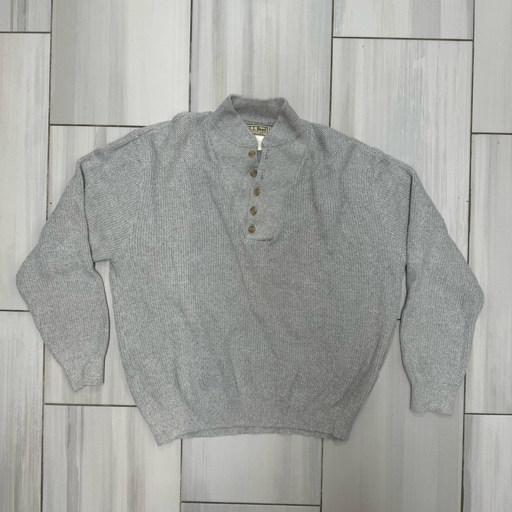 Vintage LL Bean Light Gray Fisherman Sweater Shirt Heavy Cotton Made In USA XL